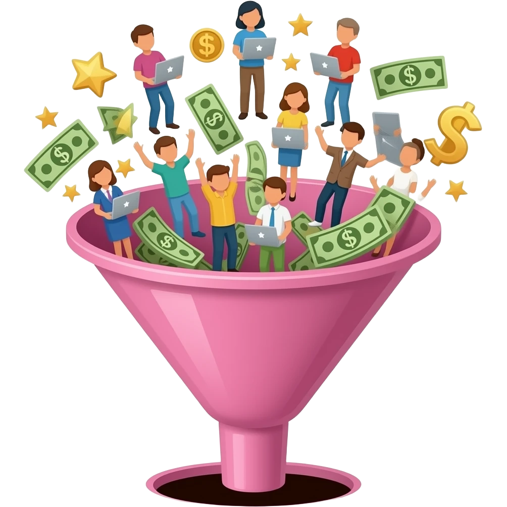 pink funnel overflowing at the top with people, laptops, stars, and money signs with nothing coming out of the bottom emoji