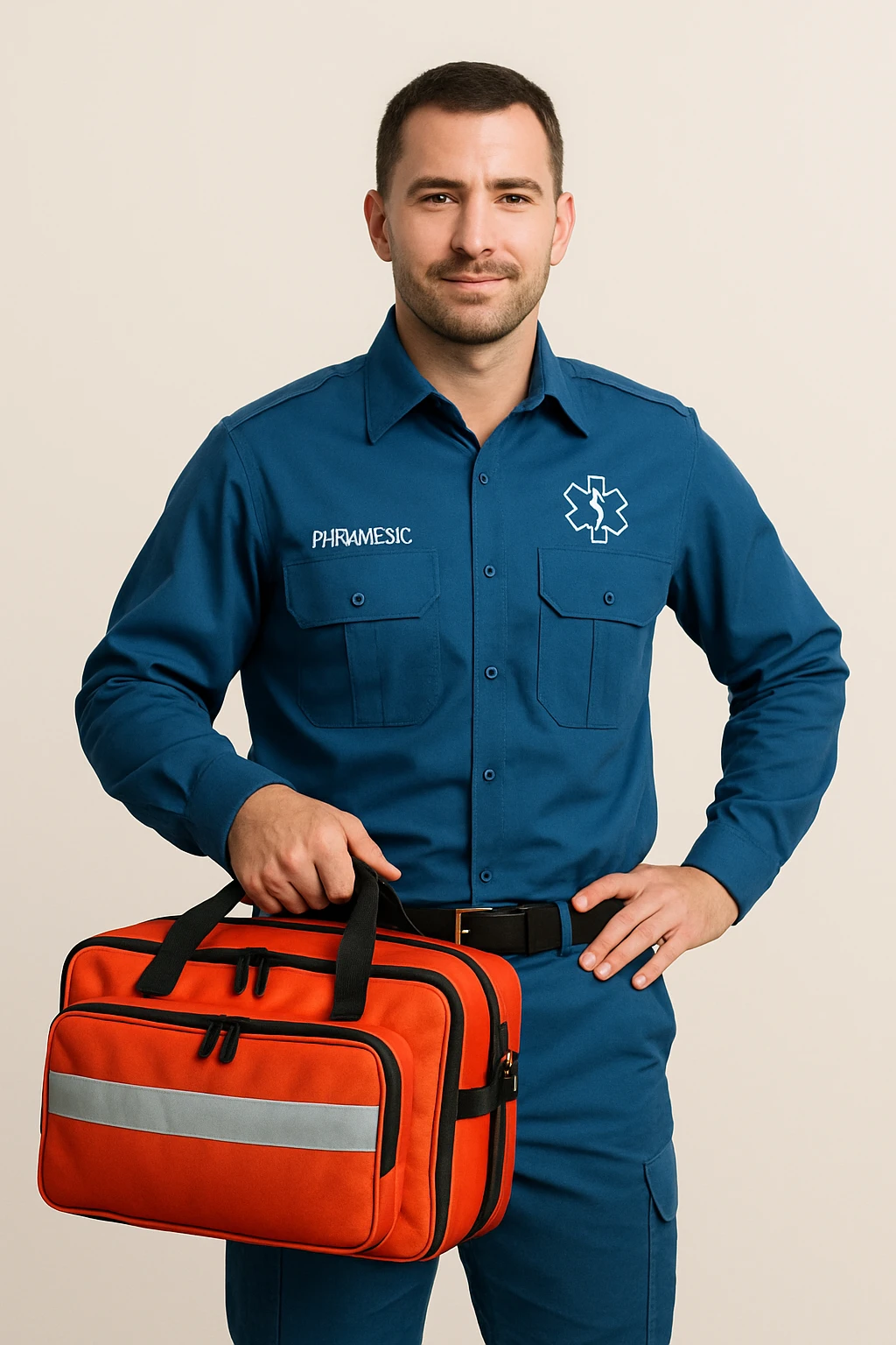 male paramedic in a blue uniform, holding a medical bag, confident stance, simple background emoji