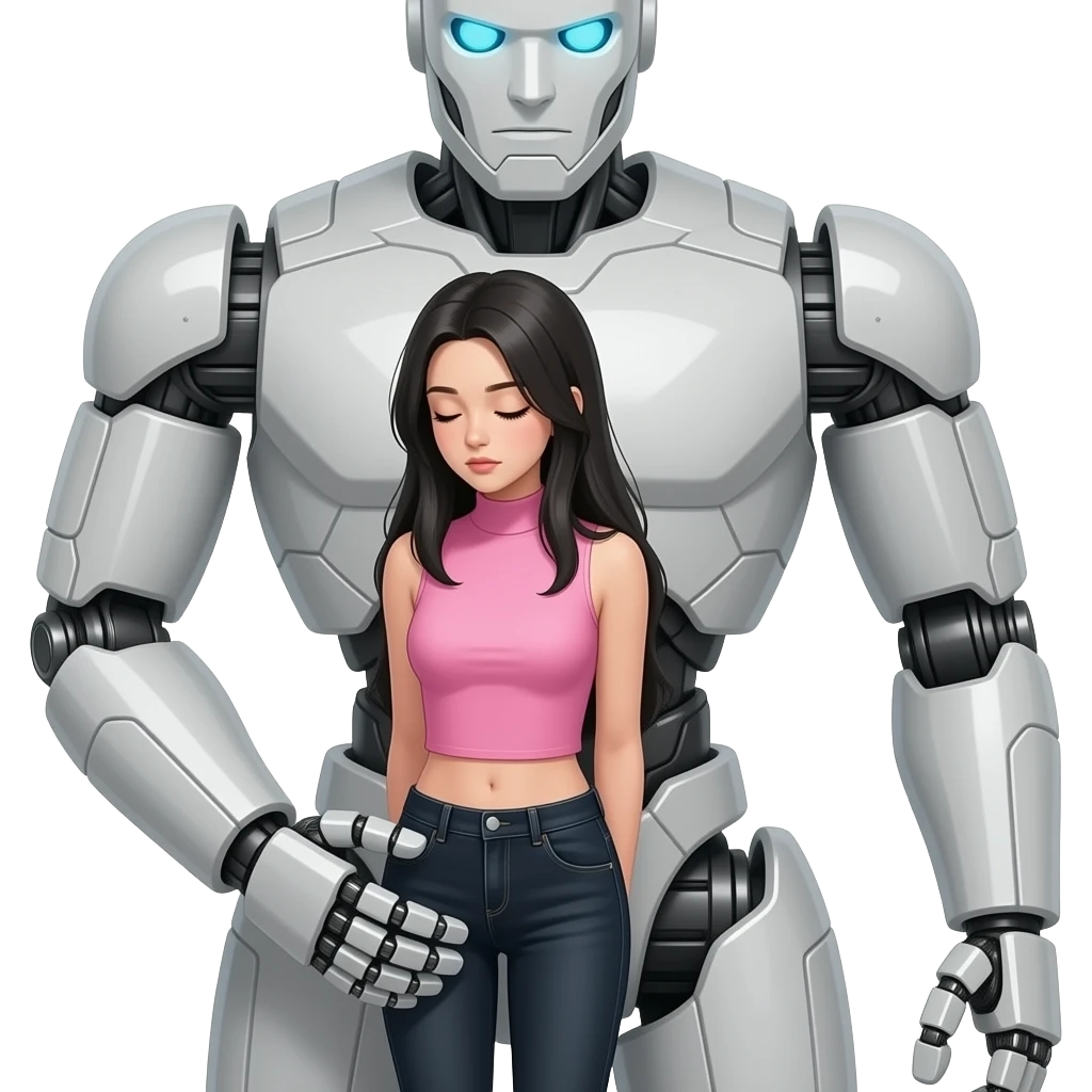 Teenage girl with long black hair wearing a pink sleeveless turtleneck top and long black jeans with her eyes closed and looking down and being held by a giant robot emoji