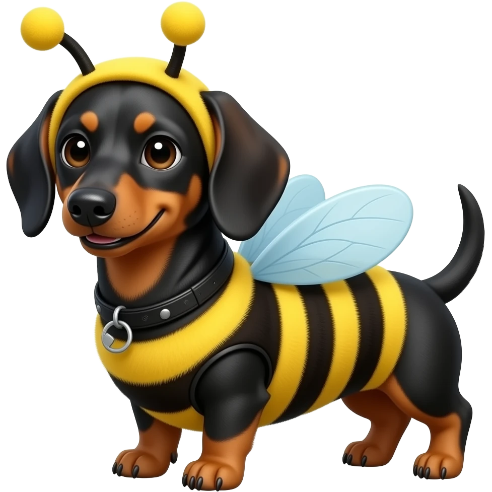 Smiling short-haired dachshund with black/brown fur wearing bee costume emoji