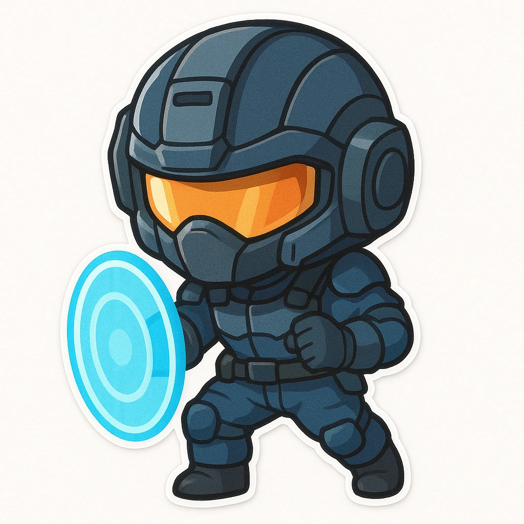 chibi sticker of a sci-fi soldier in a mostly blue uniform, wearing a high-tech helmet with visor, holding a glowing energy shield, cute style, white background emoji