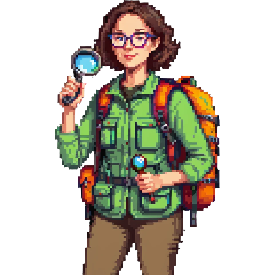 Enthusiastic woman naturalist in her 40s with glasses, colorful hiking outfit, backpack, holding magnifying glass emoji