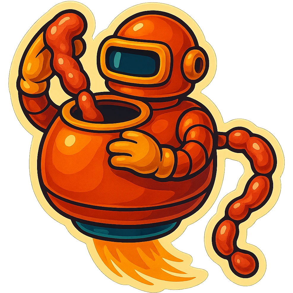 a robot that uses arms to put meat in large hole on top. sausage links come out robots rear. no legs on robot. robot hovers. robot feeds itself meat emoji