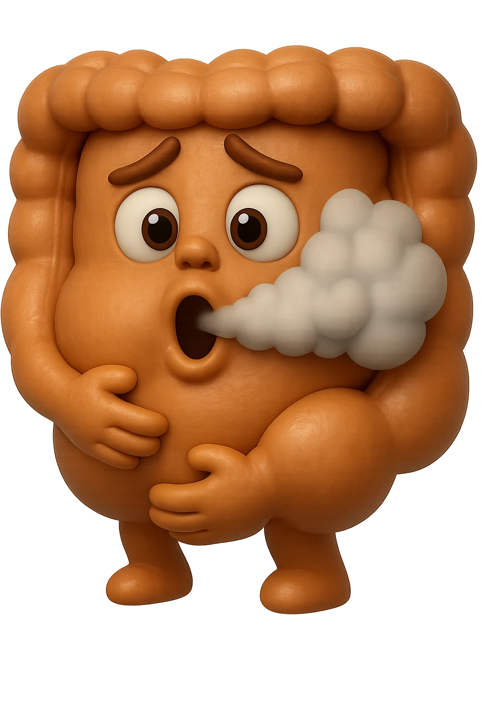 emoji stile iphone di un intestino che ingoia una nuvoletta di aria ben visibile e gli si gonfia la pancia, iperrealistico 4k emoji