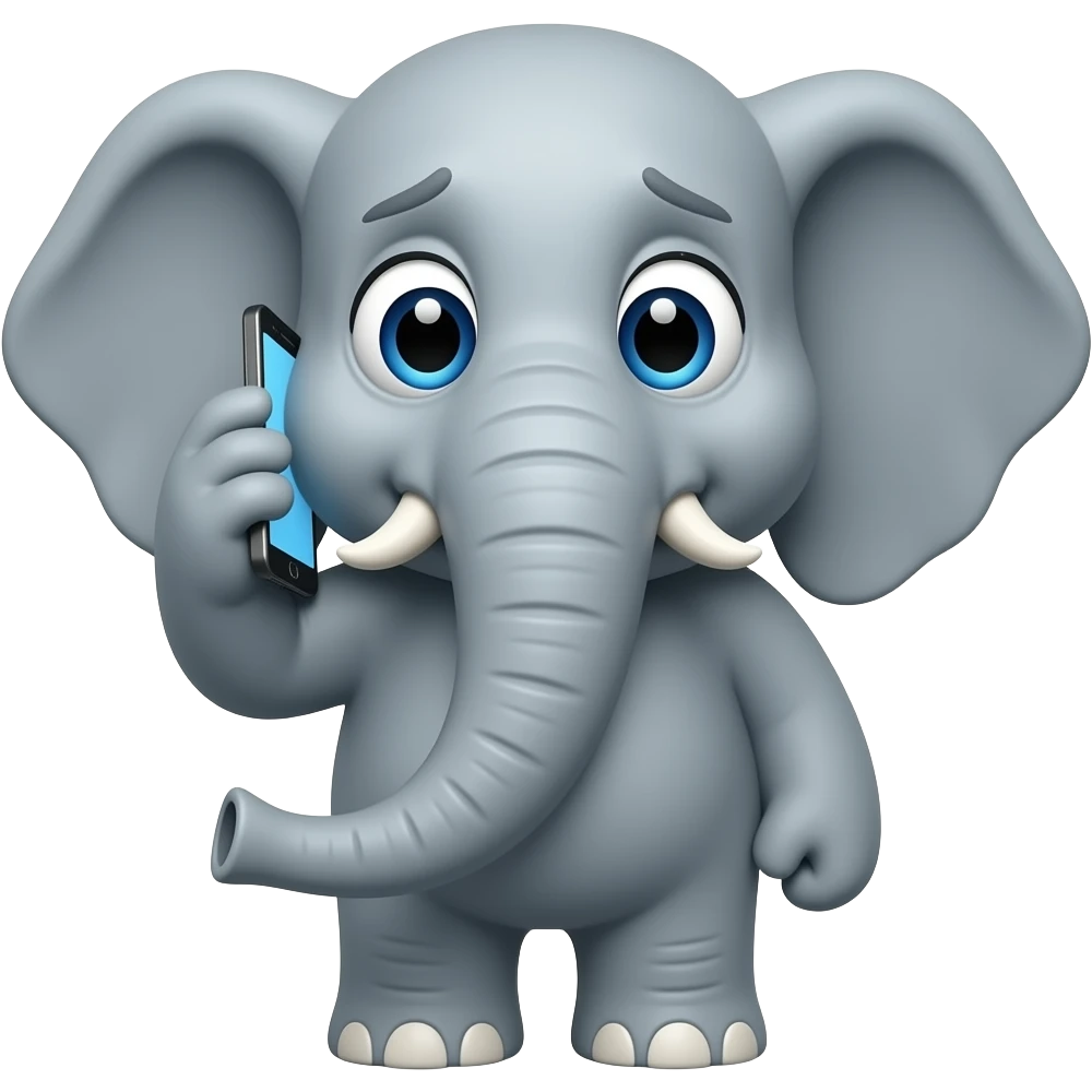 elephant face holding a smartphone on the trunk up in the ear talking on the phone. worried face emoji
