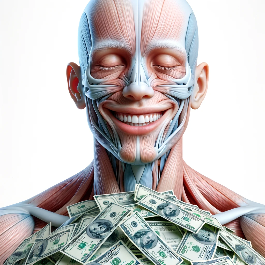 corpo umano anatomico sereno e felice con una montagna di banconote davanti al viso, espressione stupita, iperrealistica 4k, isolato su sfondo bianco emoji