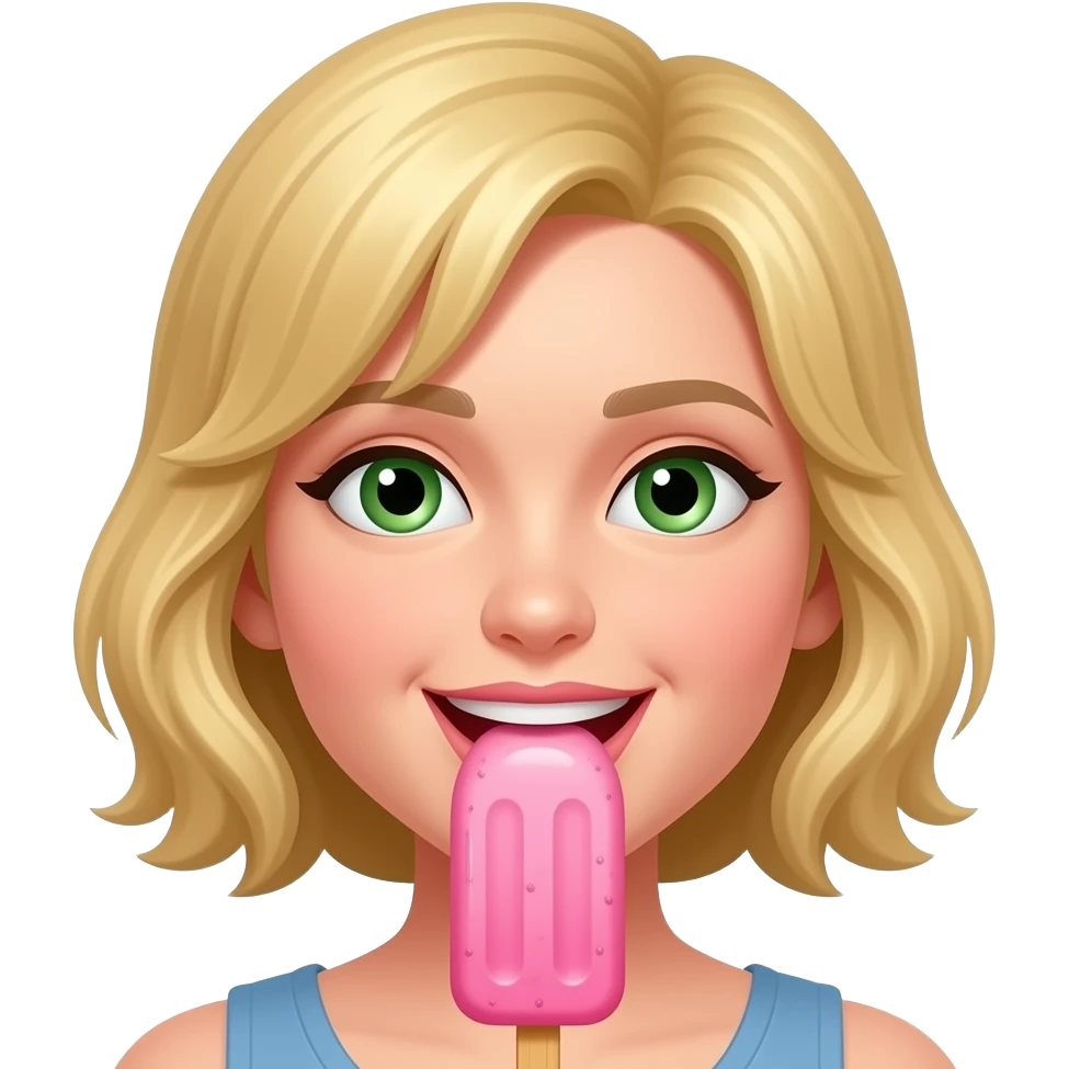 Gryzienie loda na patyku w kolorze różowym językiem włosy blond zielone oczy emoji
