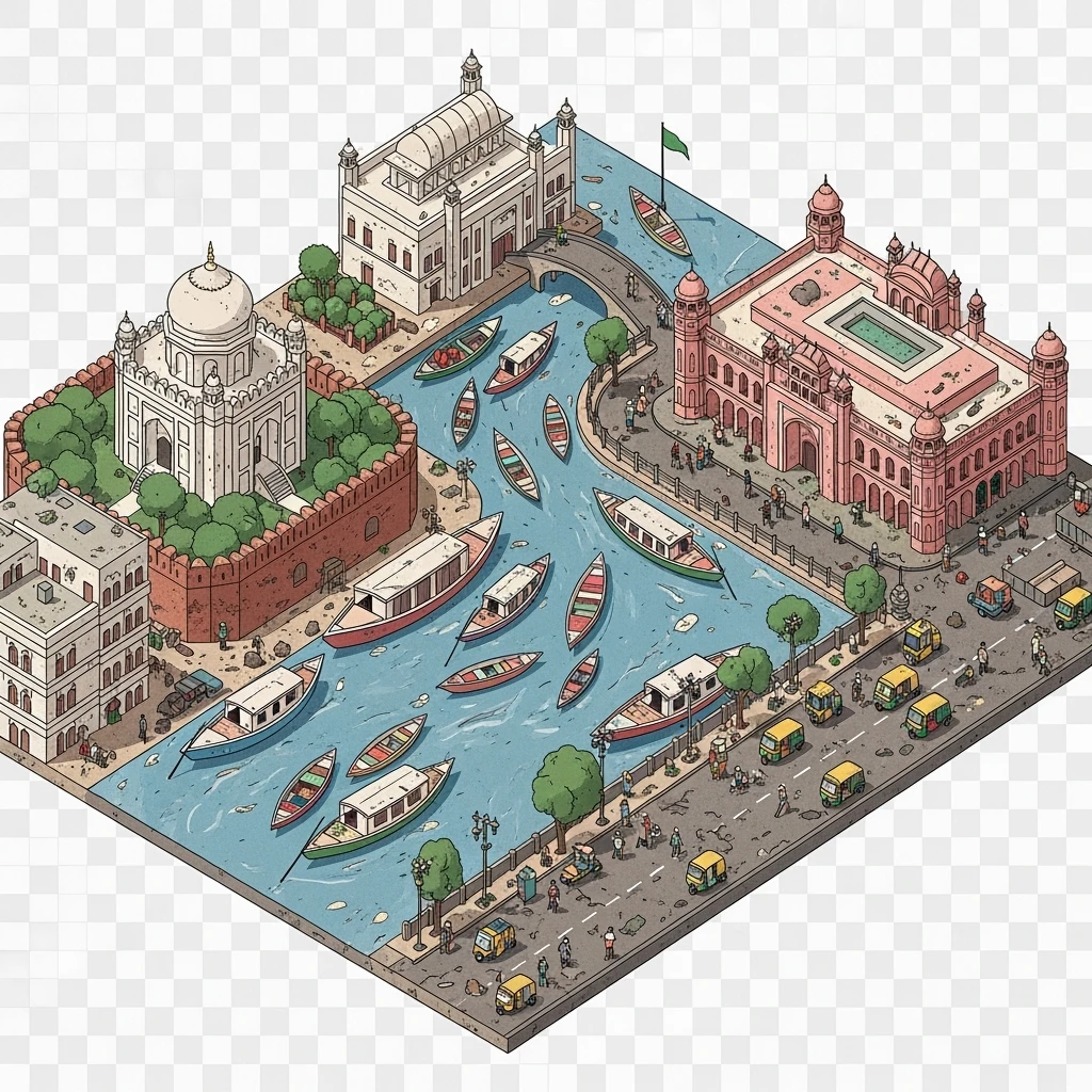Isometric minimalistic illustration of Dhaka – Lalbagh Fort, Ahsan Manzil, bustling river boats, dirty colorful streets, subtle 3D miniature effect and Tilt Shift effect, no cartoonish look, transparent background. emoji