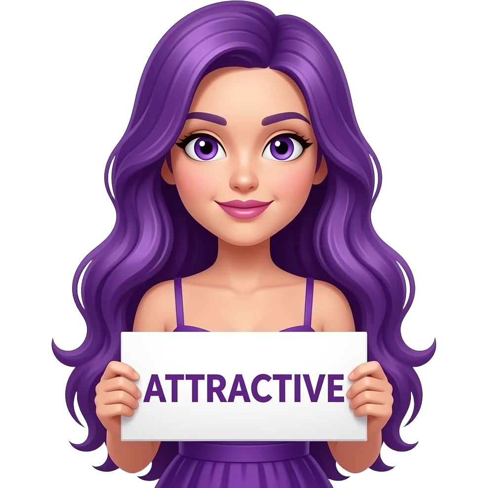 sexy girl with long purple hair and purple eyes wearing a dress holding a ATTRACTIVE sign emoji