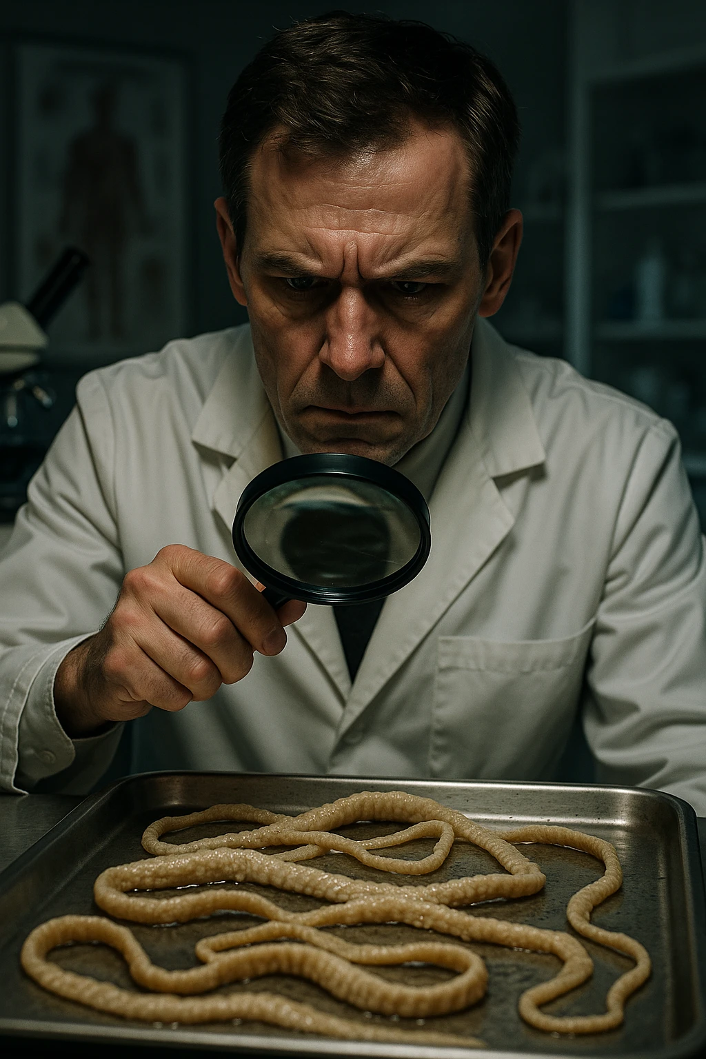 A middle-aged male kinesiologist wearing a pristine white lab coat, intensely analyzing long, beige tapeworms (like Taenia) under a magnifying glass. His expression is focused and slightly concerned, with dramatic studio lighting casting sharp shadows. The parasites are highly detailed, moist, and textured, stretched across a sterile metal tray. The background is blurred but suggests a clinical environment—hints of a microscope, medical charts, and clean lab equipment. The style is hyper-realistic, with a cinematic contrast between the bright white coat and the grotesque, organic forms of the parasites. No sci-fi elements, just raw medical realism with a disturbing edge emoji