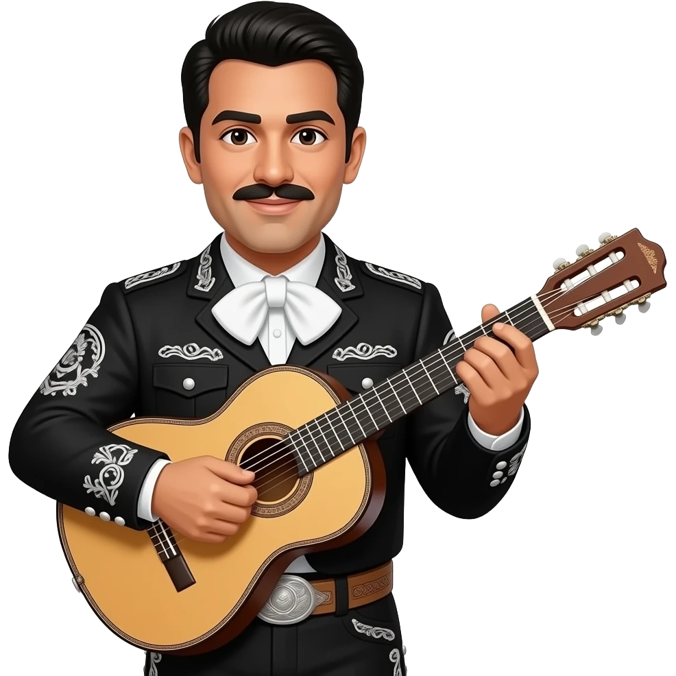 Make a man with black hair in a charro outfit that's black and has silver colored epaluettes. Make it so hes also playing the mariachi instrument vihuela emoji