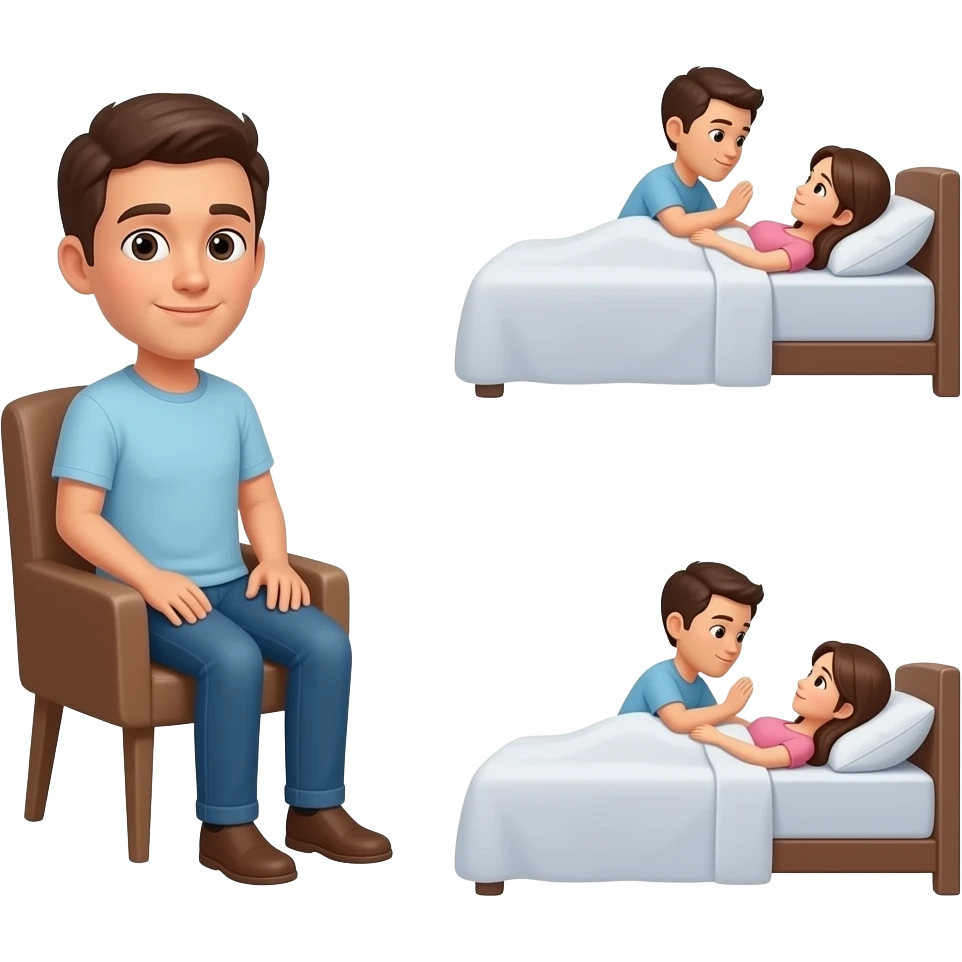 person sitting in corner chair with a couple laying in a bed  facing the people in the bad emoji