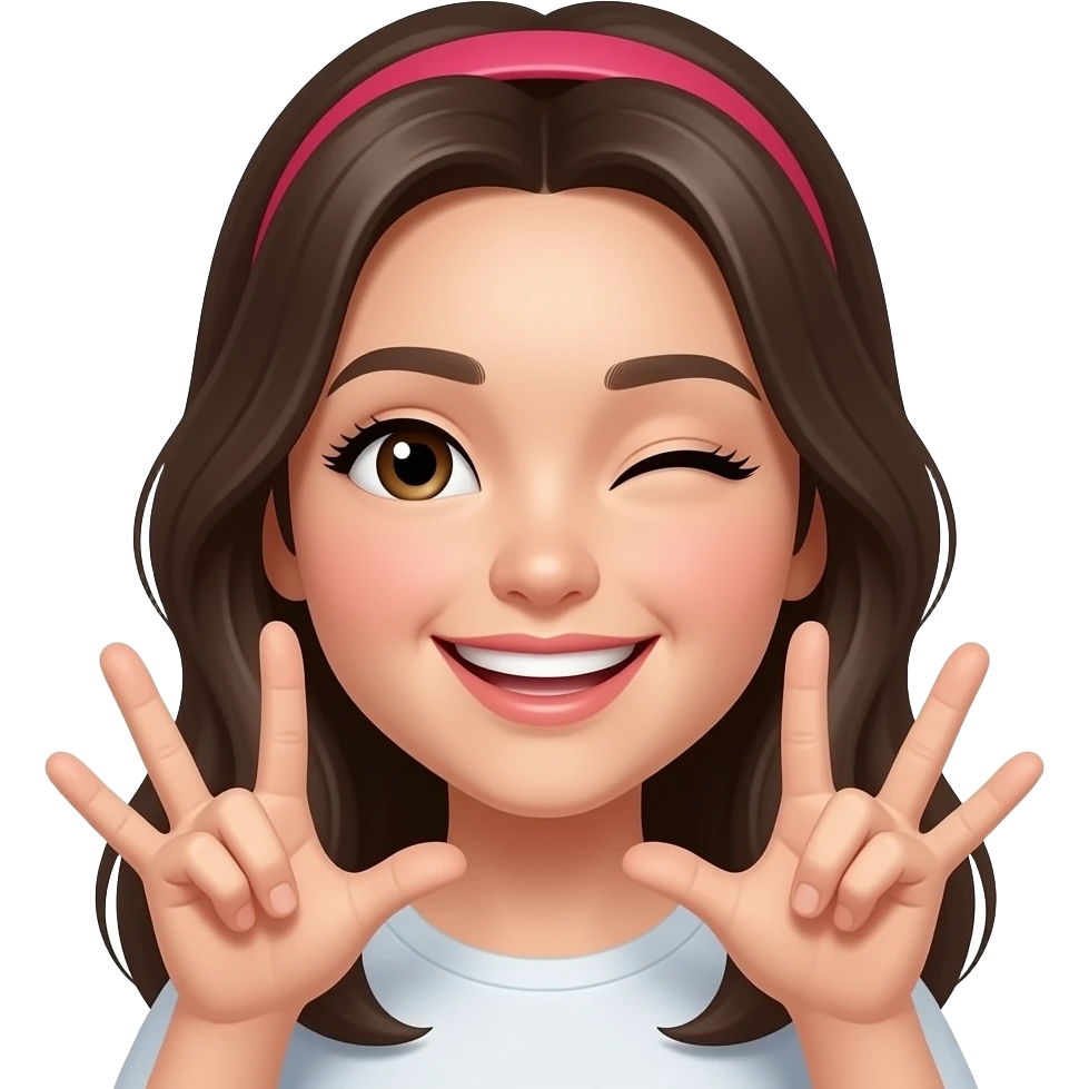 an anime-style girl smiling and winking, both hands near the face, index, middle, and ring fingers extended on each hand emoji