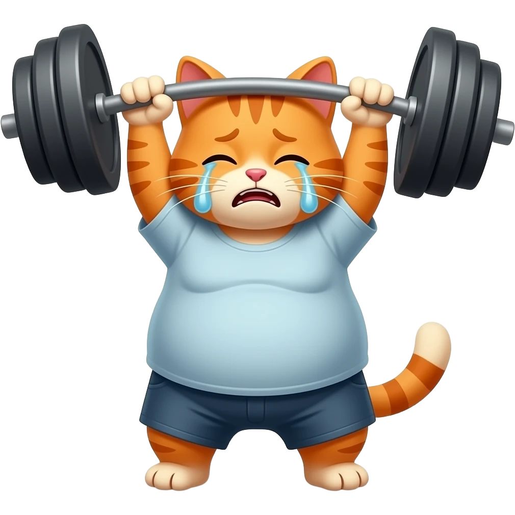 Orange cat struggling to pick up a heavy bar because it's fat and ugly and it's crying emoji