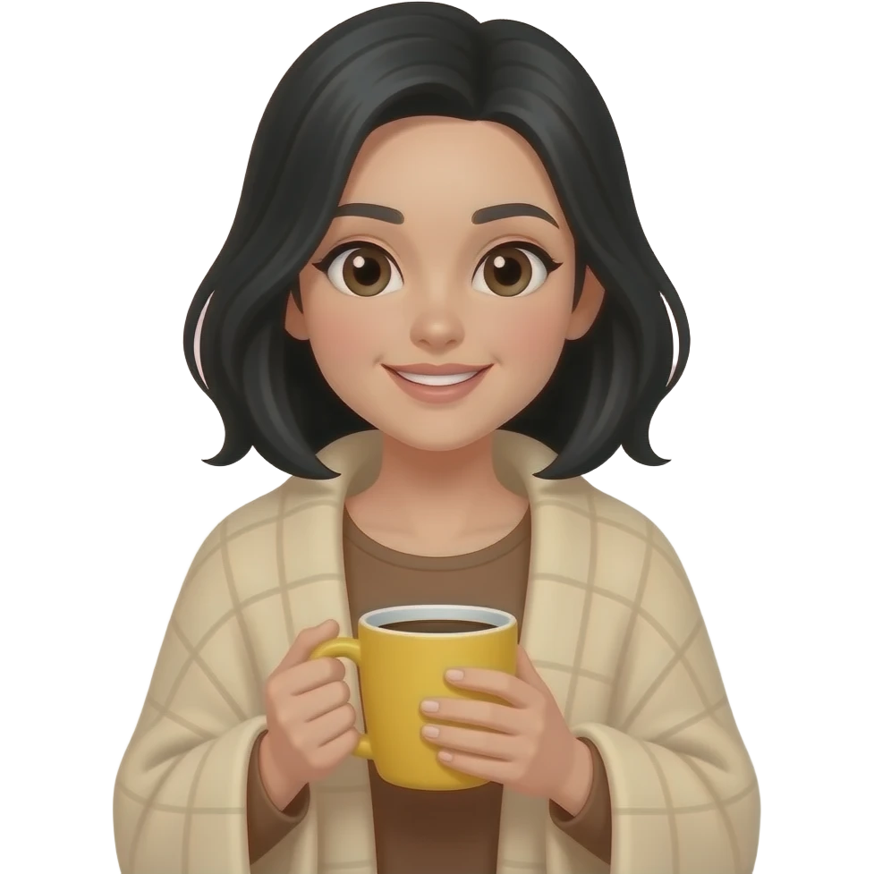 A white cute woman with black hair, with a beige blanket, brown top, and a coffee in a very cozy yellow cup, in iPhone emoji style. emoji