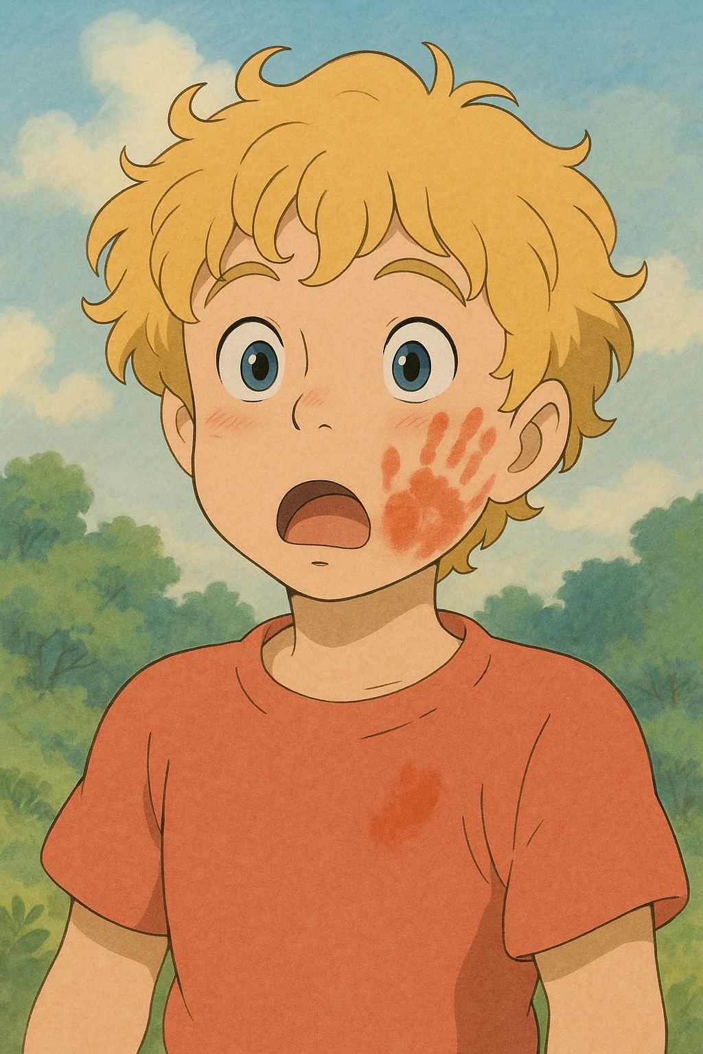 a surprised blond curly-haired boy with a red handprint on his cheek, ghibli style emoji