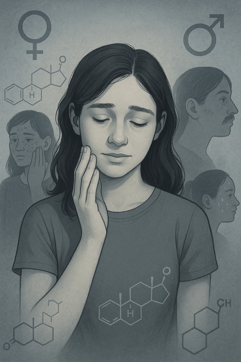 A young woman is surrounded by faint overlays of hormonal symbols and androgen molecules, with shadowy images of acne, facial hair, and oily skin projected around her, symbolizing the symptoms of PCOS with androgen excess. She looks down, gently touching her face with a resigned but hopeful expression, symbolizing her journey toward managing these symptoms. emoji