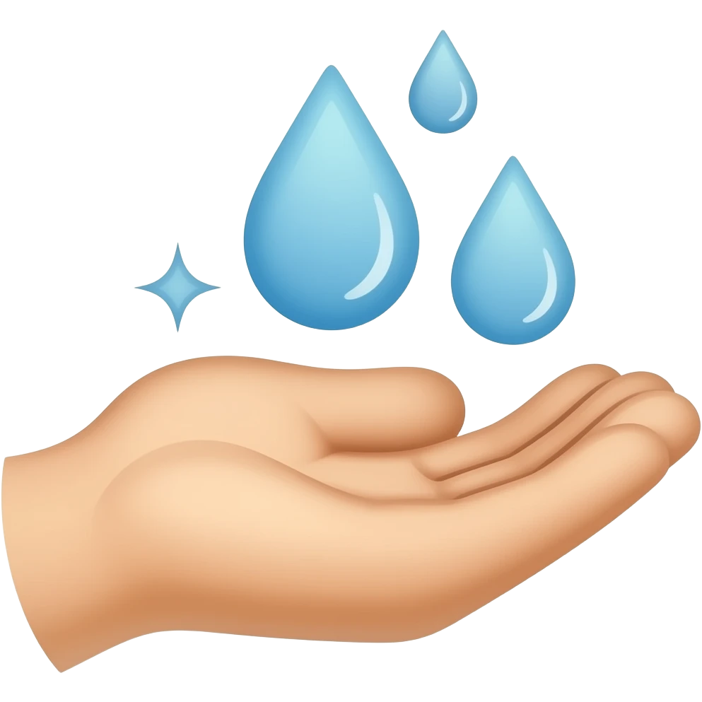 Design a minimal line icon of a hand (palm up) with 2–3 water droplets above and small sparkles to show cleanliness. Use monoline style with consistent stroke, rounded edges, no fill, no gradients, and a white background. Keep it simple, balanced, and clearly readable at small sizes. emoji