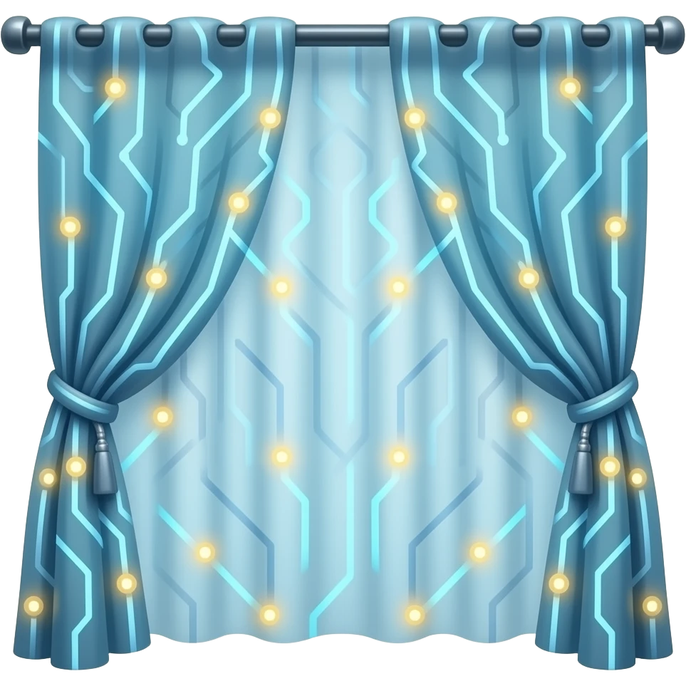 Fantasy tech illustration of a semi‑transparent curtain made of circuit lines and cables, draped like fabric with glowing nodes, soft blue and gold lights, painterly shading, transparent background, square, no text. emoji
