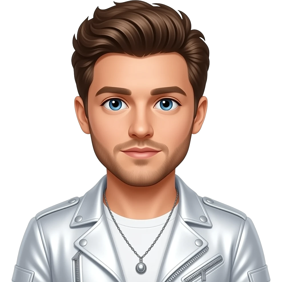 Niall Horan from One Direction with blue eyes, brown hair, white metallic pop tour outfit, necklace emoji