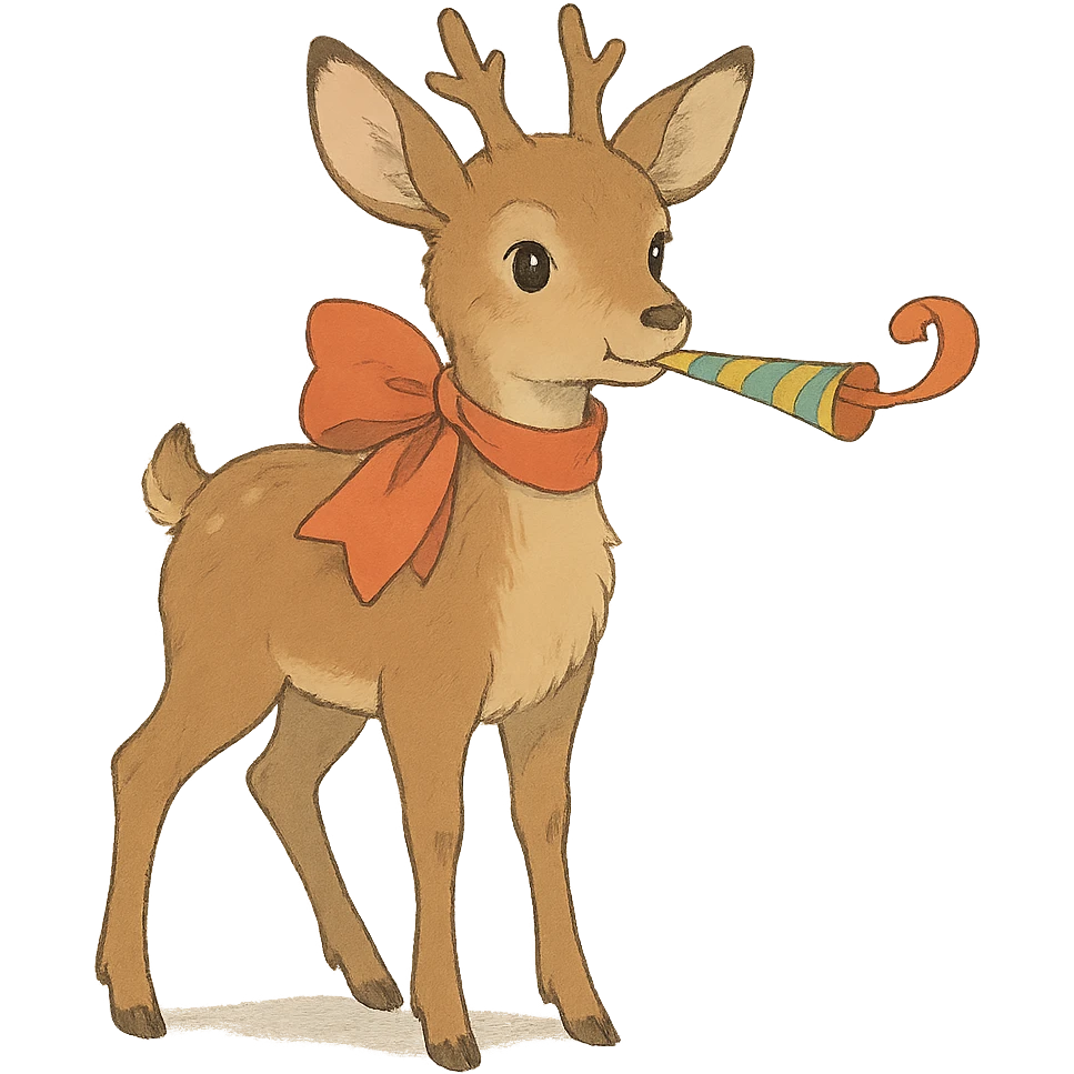 deer with ribbon scarf holding birthday horn in soft Ghibli style emoji