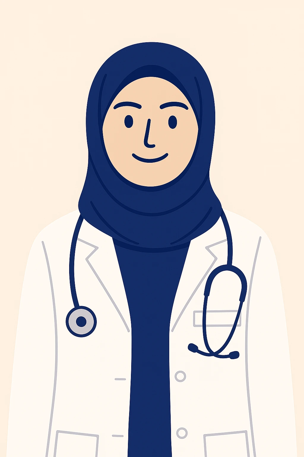 Make the hijabi a doctor, modern and friendly appearance with a simple background. Focus on a clean and approachable look. emoji