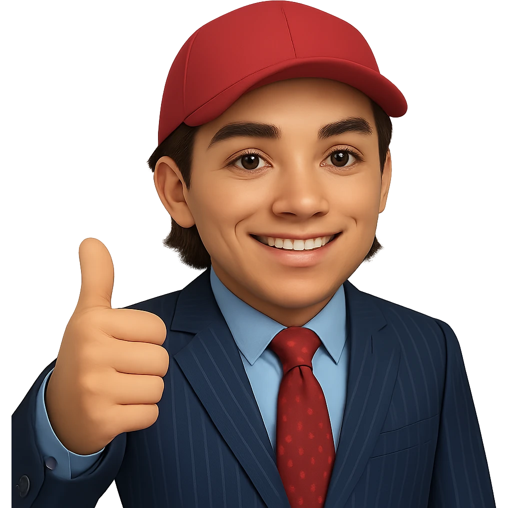 Create a 70% realistic emoji of a smiling man in a pinstripe suit and red cap, giving a thumbs up. The style should blend emoji and realism with even more realistic details than the 60% version but still not fully photorealistic. Transparent background. emoji