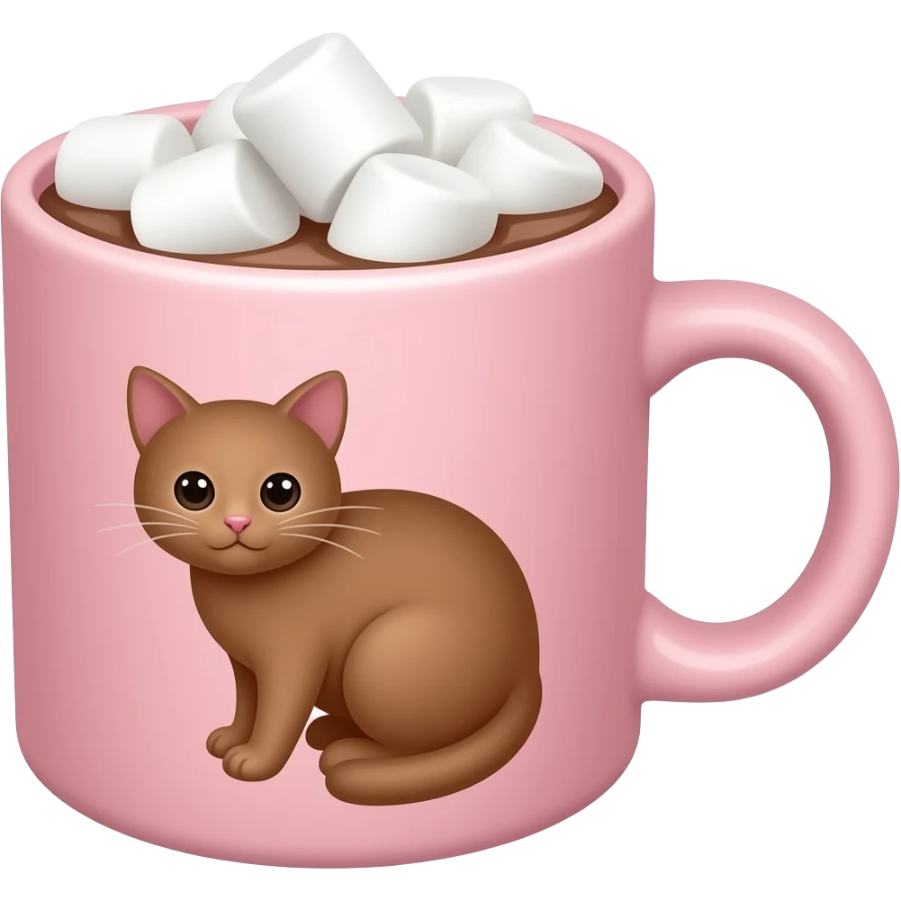 Caneca rosa clara com uma estampa de um gatinho Marrom em uma caneca, e da caneca que não é a estampa, tem chocolate quente com marshmallows. emoji