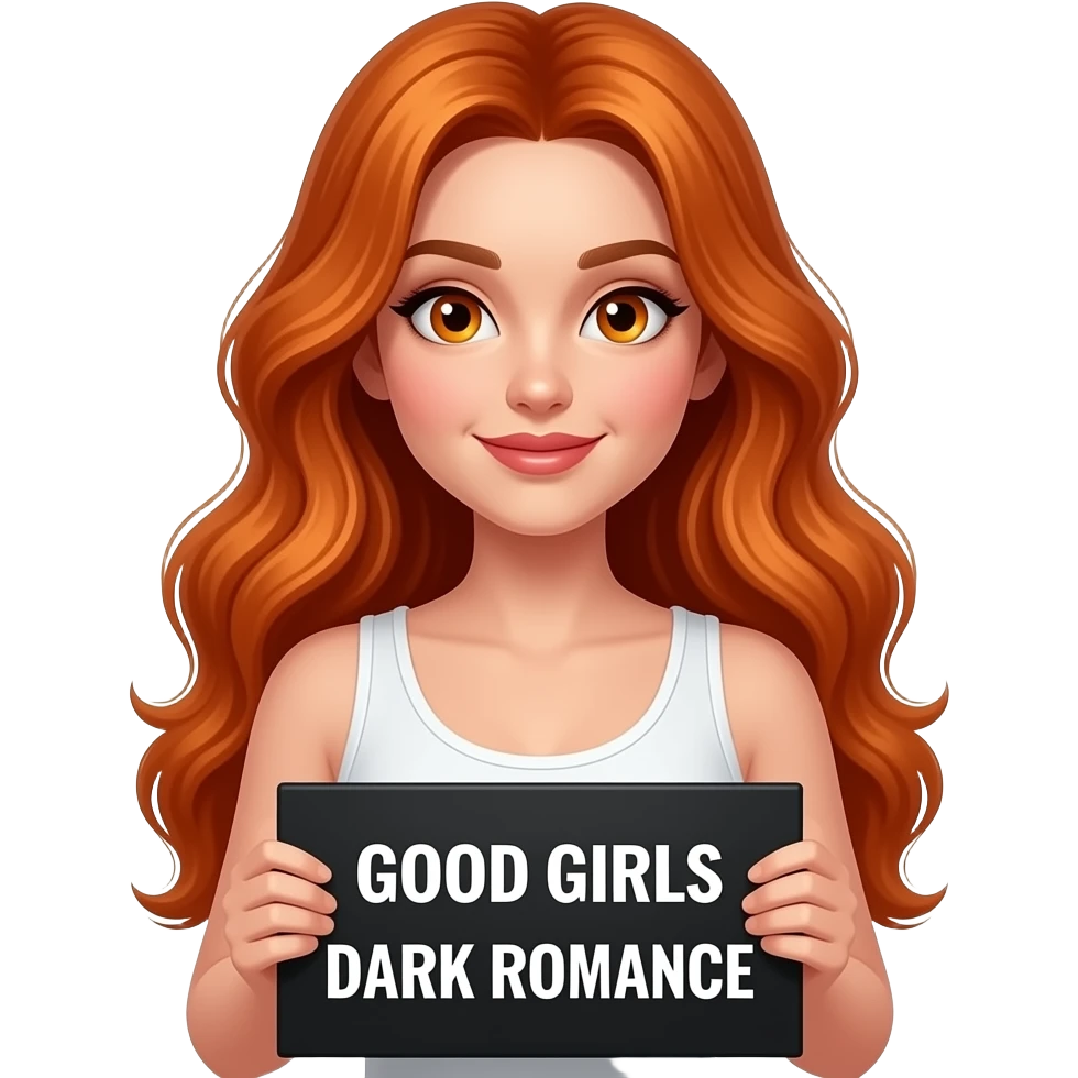 sexy girl with long wavy ginger hair and ginger eyes wearing a white tanktop is holding a black colored sign with GOOD GIRLS read DARK ROMANCE written on it emoji