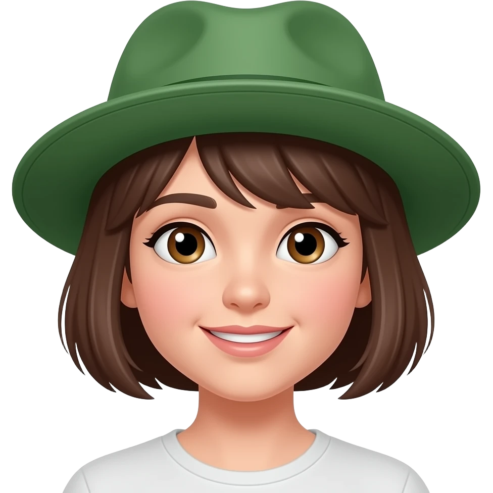 a girl with short brown haris wear a green hat emoji