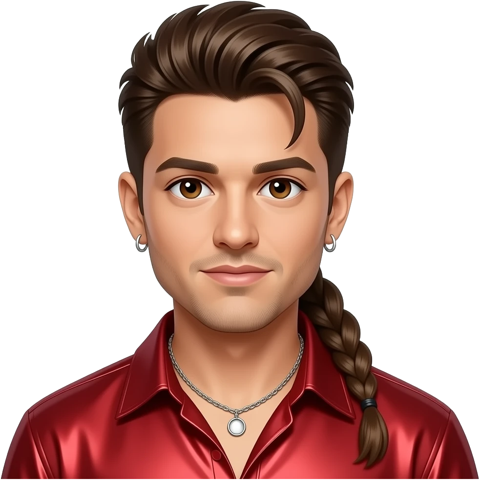 Jordan Knight from NKOTB with brown eyes, dark brown 90s mullet hair with long rattail, red metallic shirt, necklace and earrings emoji
