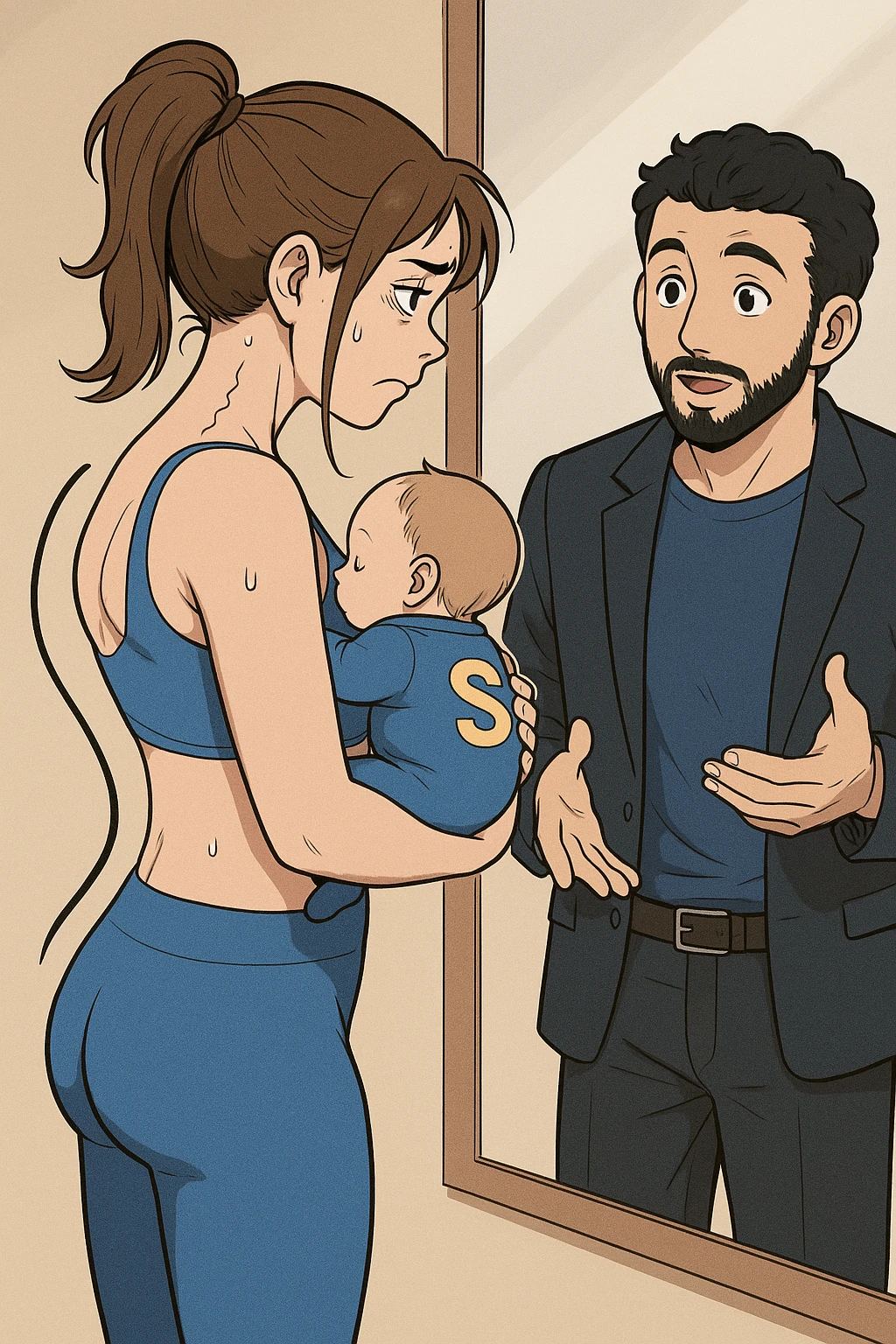 ispirati a questo stile di disegno e fai questa immagine in versione manga/webtoon a colori, il manga mostra la donna che si guarda alla specchio preoccupata di profilo con la postura sbagliata e incurvata, spalle chiuse e curve in avanti, con un neonato in braccio con una tutina azzurra e la scritta "S" sulla schiena, spina dorsale storta della donna in evidenza mentre al suo fianco anche l'uomo guarda la donna riflessa nello specchio e le spiega una cosa, ma non fare i fumetti, fai come se stessero parlando emoji
