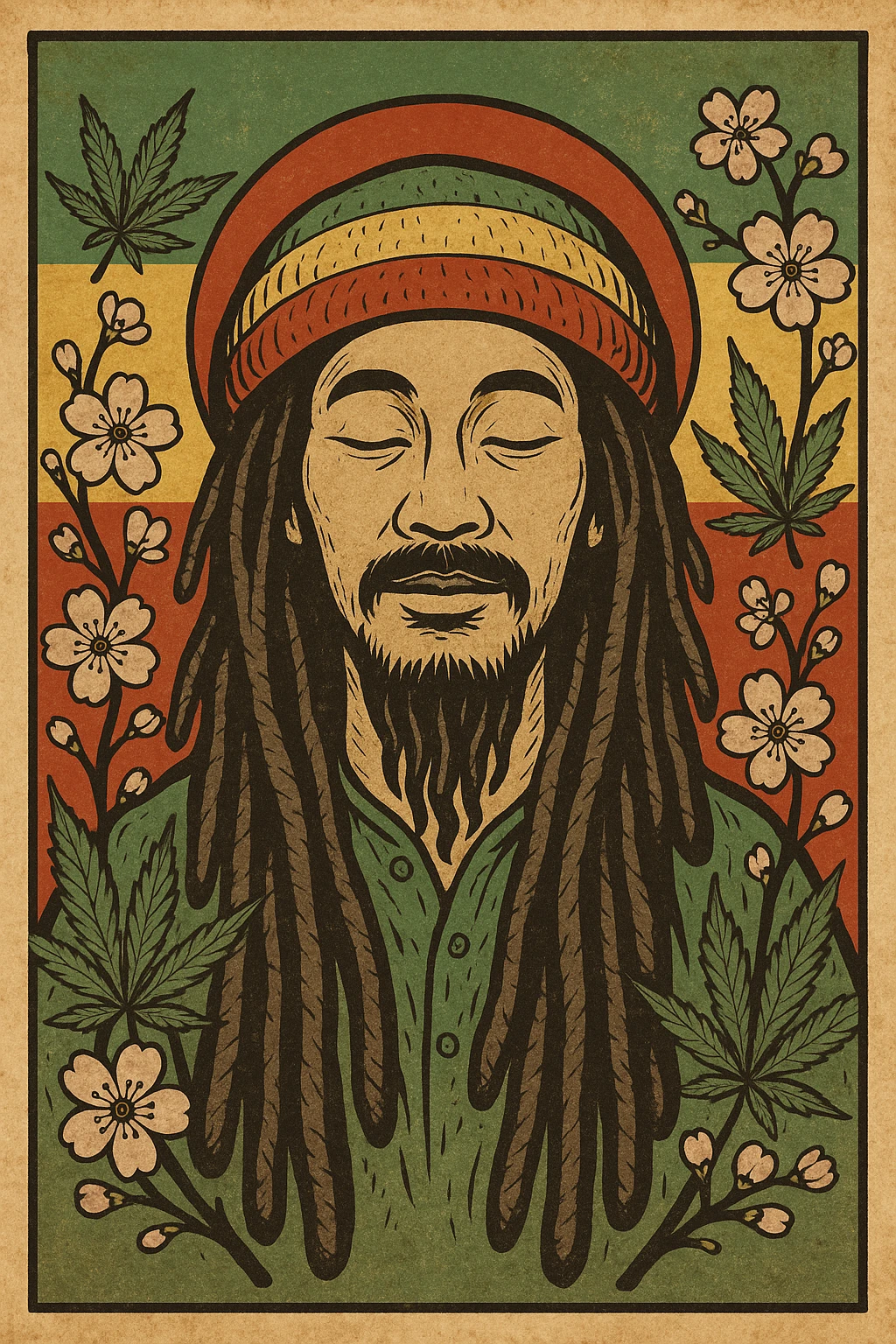 Vintage poster of an Asian Rasta with long dreadlocks, peaceful eyes, and a red-gold-green tam. Surrounded by cherry blossoms and ganja leaves. Background blends Rasta colors into an Asian flag (e.g., red sun from Japan or Chinese star). Retro reggae fusion vibe, with bold lines and aged paper texture.
 emoji