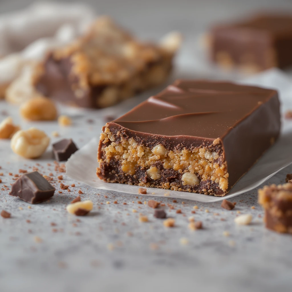 realistic unwrapped protein bar showing chocolate and nuts emoji