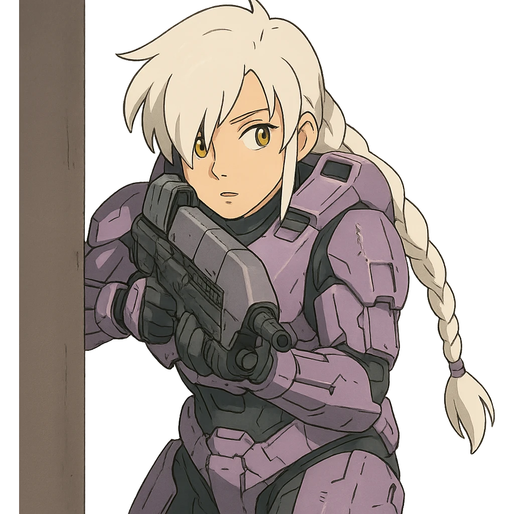 female, wearing reach spartan armor default, long white braid hair with massive messy front side single bangs, gold yellow eyes, attention pose, HALO:series, no helmet, the armor is lavender color scheme, shoulder pad off. DDD bust size fitting. Punk gothic cyberpunk, peeking around a corner while aiming a classic HALO1 AR emoji