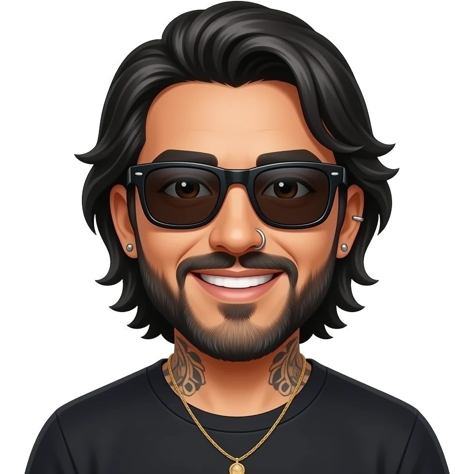 The handsome manly Latino podcast host with medium length hair, a long slightly graying beard and tattoos with his ears pierced 1 time each ear and a nose ring on the right side, dark brown eyes, wearing black, dark sunglasses, and jewelry, happy emoji
