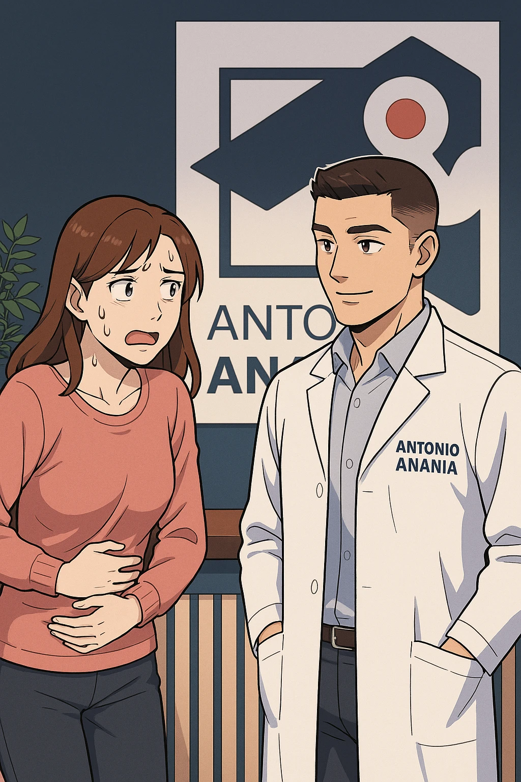 su questo stile fai un manga/webtoon a colori in cui una donna si lamenta che sta male e ha mal di pancia, l'uomo della foto in stile manga gli risponde, mantieni un ambiente simile alla foto che ho allegato con il suo logo (sarebbe il suo studio, lui è un kinesiologo), scrivigli "ANTONIO ANANIA" sul camice bianco, non mettere fumetti, ma fai in modo che sembri che la donna chiede una cosa e l'uomo risponde alla sua domanda emoji