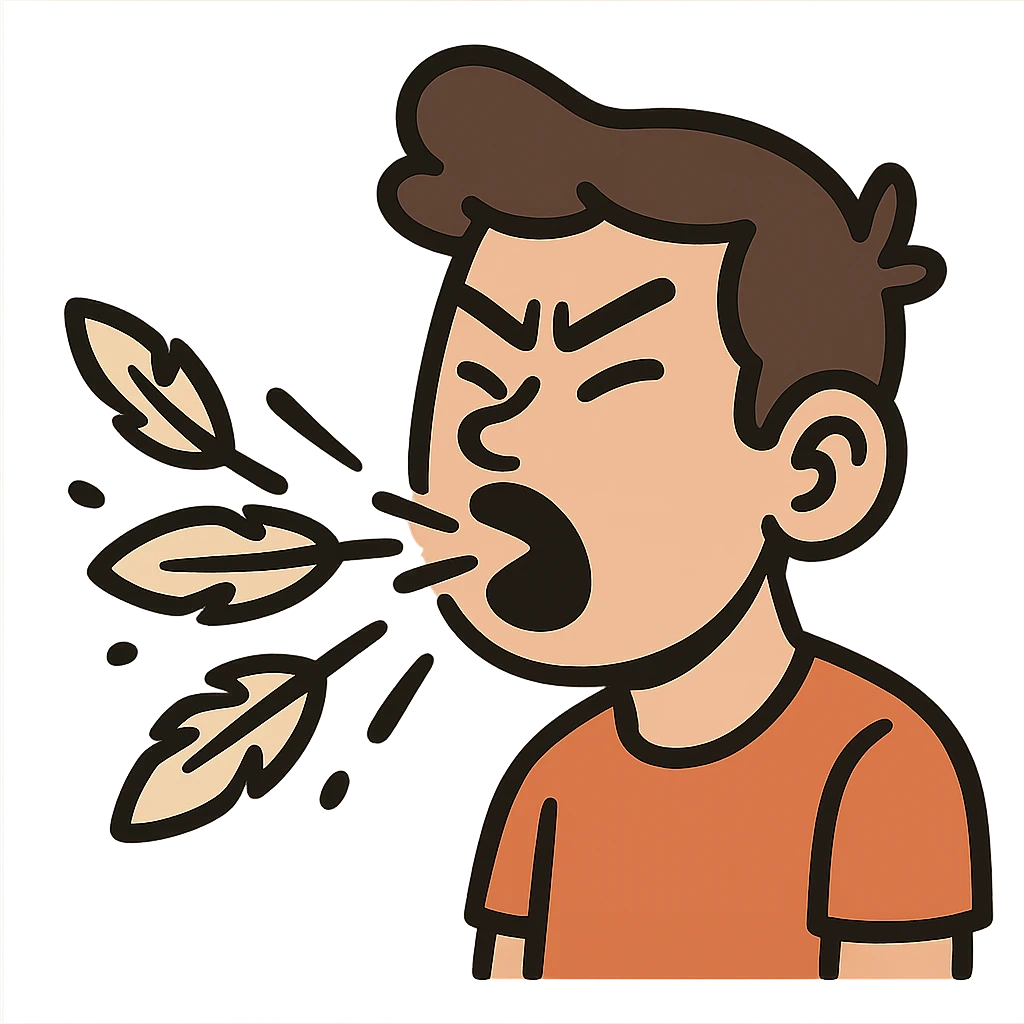 flat toon style person spitting feathers, bold lines emoji