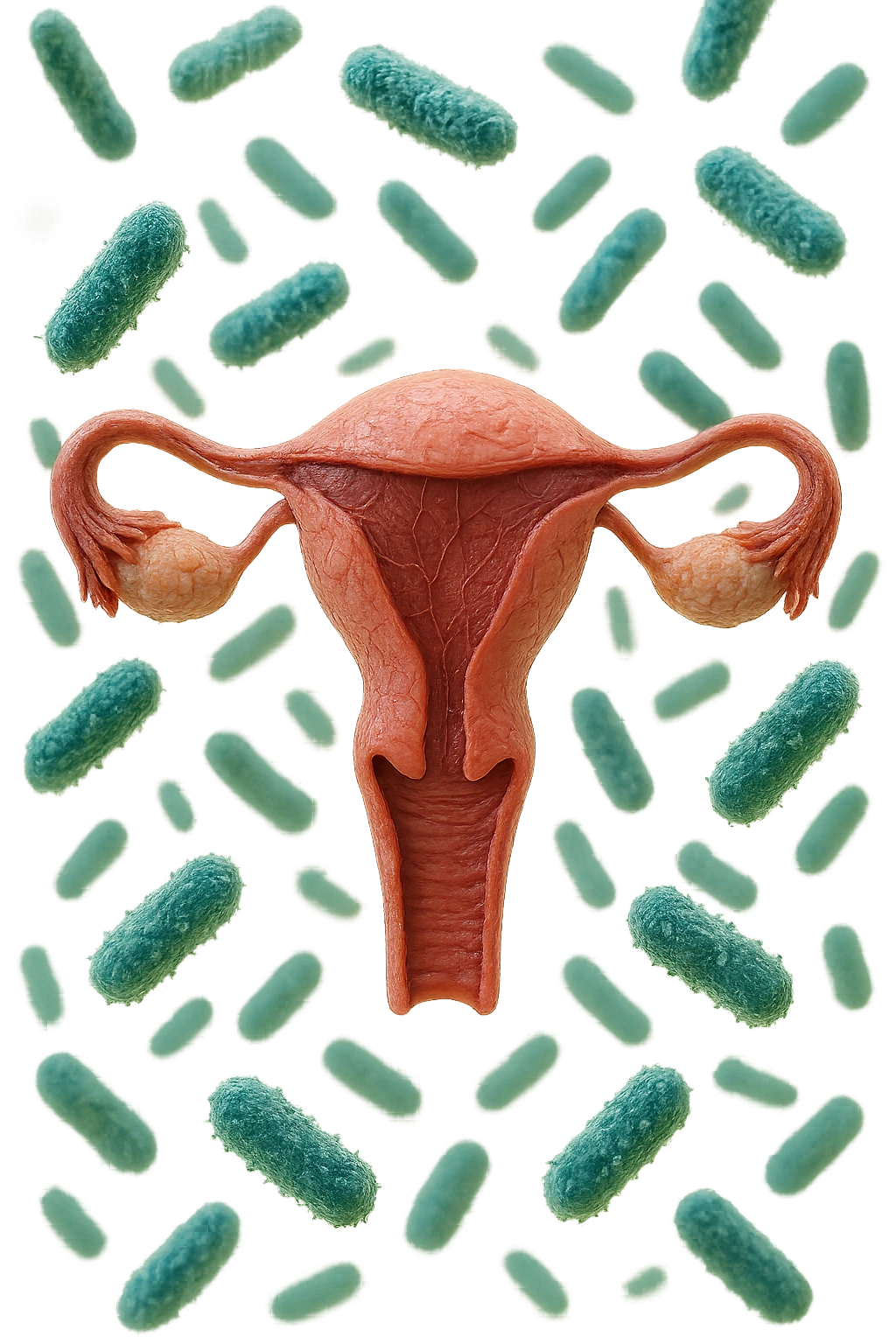 batteri intestinali fluttuano intorno ad un utero umano anatomico, iperrealistico 4k emoji