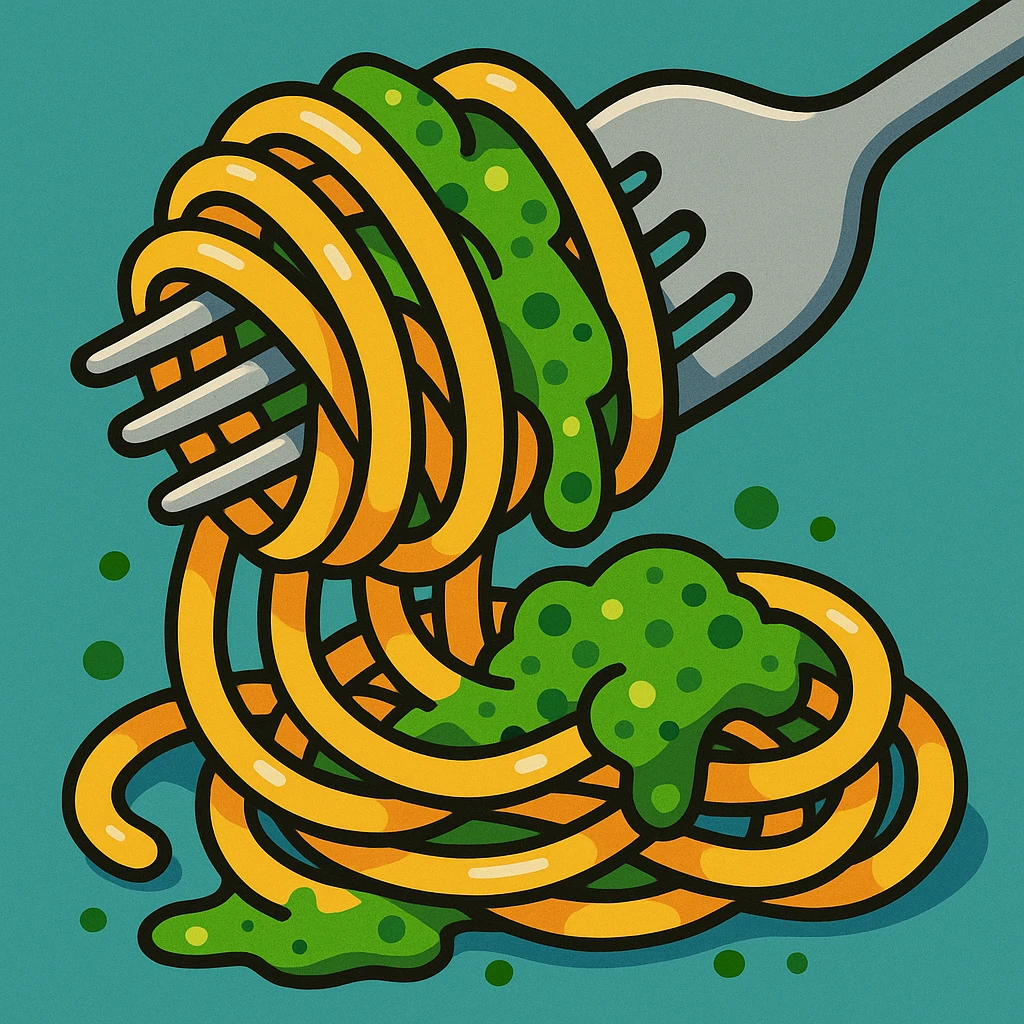 spaghetti twirled on a fork with green pesto, close-up, playful style emoji