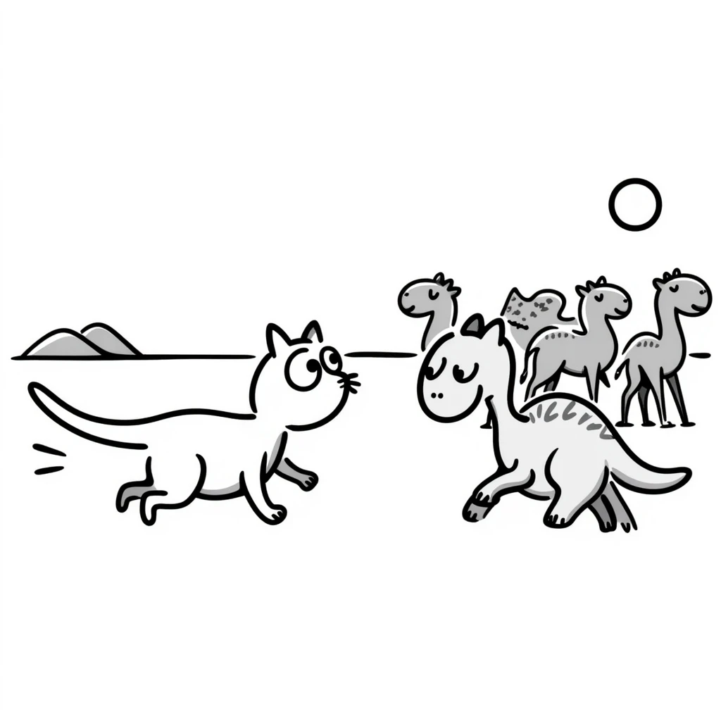 A white cat chasing a T-Rex in the desert with a herd of camels staring at them emoji