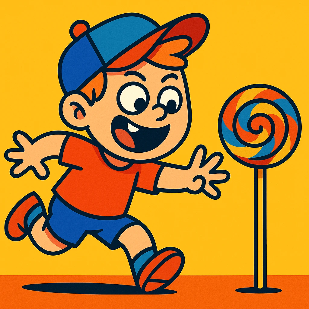 a mischievous child grabbing a lollipop, vibrant colors, toon style, playful and fun emoji