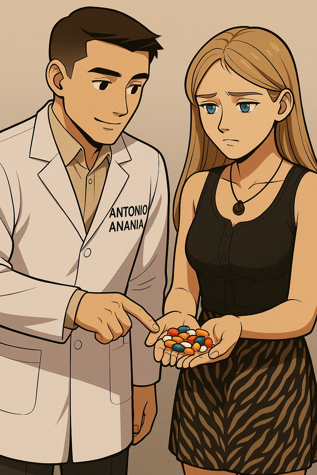 fai un webtoon/manga a colori con questo kinesiologo in camice bianco (fagli la scritta "ANTONIO ANANIA" SUL CAMICE) CHE PARLA CON QUESTA RAGAZZA CON GLI OCCHI AZZURRI. LA RAGAZZA HA UN PUGNO DI INTEGRATORI IN MANO (TANTE PILLOLE DIVERSE) E LE GUARDA DUBBIOSA. IL KINESIOLOGO CON IL CAMICE BIANCO LE TOCCA LA PANCIA CON UN DITO. NON FARE I FUMETTI, FAI SOLO LORO COME SE DIALOGASSERO emoji