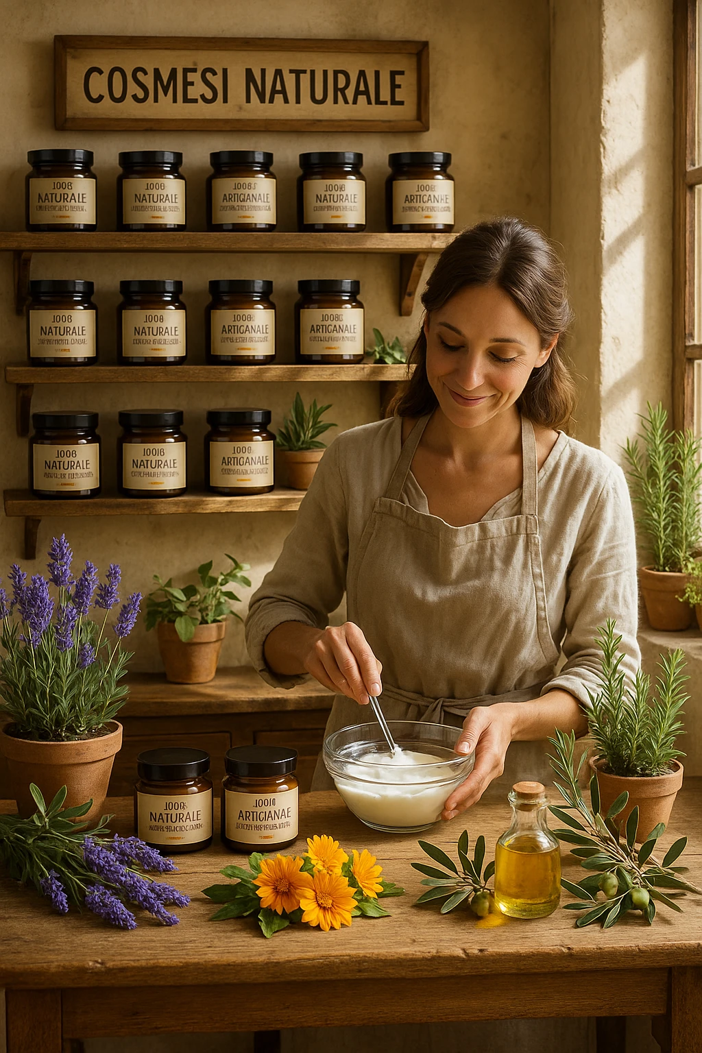 A realistic, high-quality photo of a small artisan skincare laboratory in Italy, with wooden shelves displaying beautifully packaged glass jars of natural creams made with herbal and botanical extracts, olive oil, and essential oils, clearly labeled ‘100% Natural’ and ‘Artisan Made in Italy’. The scene includes a bright, sunlit rustic workspace with plants, fresh lavender, rosemary, calendula flowers, and olive branches on the wooden counter, symbolizing purity and nature. A female artisan in a linen apron is carefully mixing creams in a glass bowl, smiling softly. The environment feels warm, authentic, and eco-friendly, emphasizing the concept of handcrafted skincare without synthetic chemicals in italiano emoji