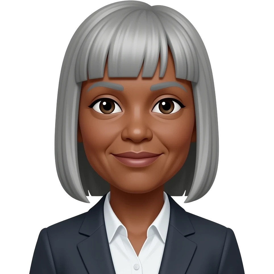dark skinned female 60 years old with straight grey hair with a fringe using suit. remove  dot on forehead emoji