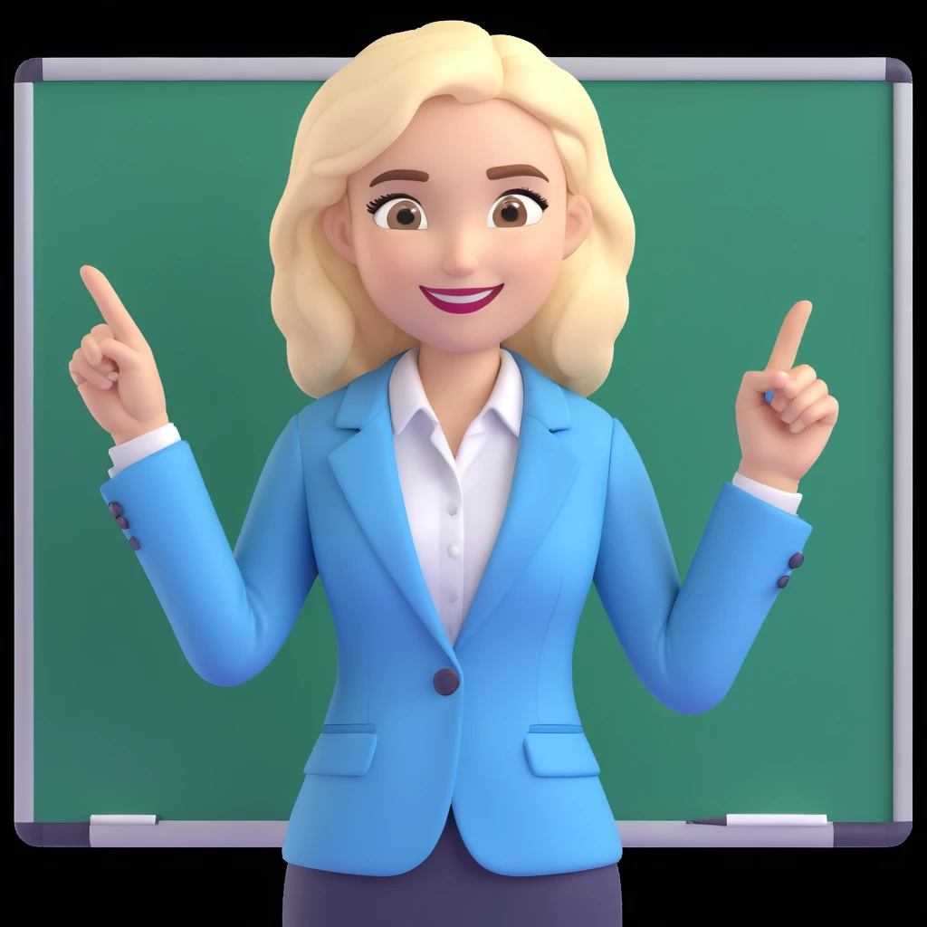3D cartoon businesswoman, medium-length styled hair (bun or soft waves), expressive eyebrows, cheerful smile, confident and approachable, light-colored blazer over light blue collared shirt, one hand on whiteboard, other hand pointing sideways, professional, neutral indoor background emoji