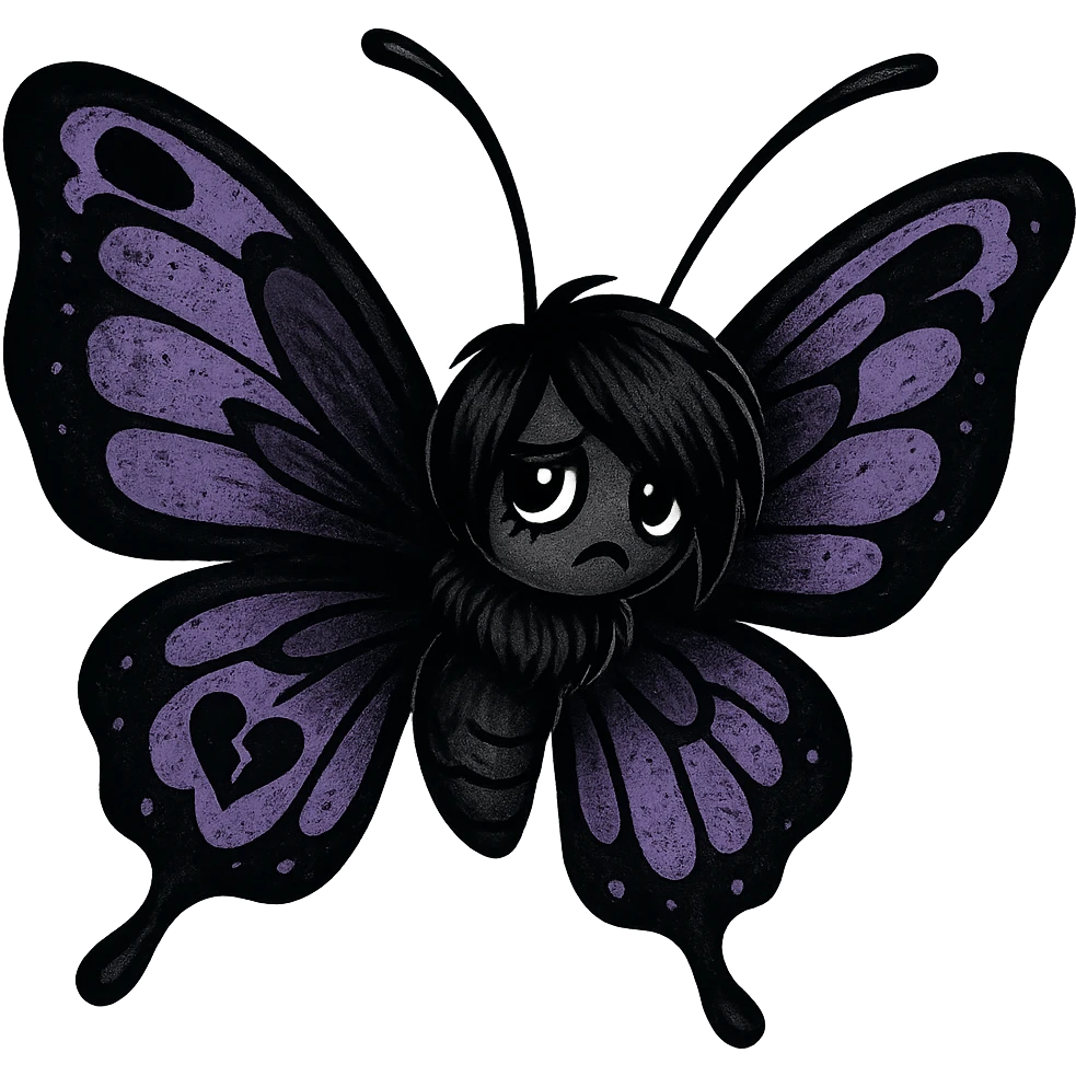 emo butterfly, black and purple, expressive and stylish, no background emoji