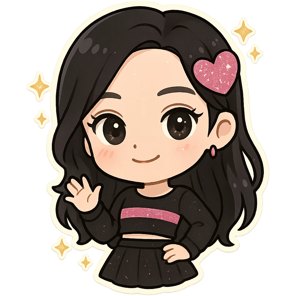 chibi sticker of Jisoo from BLACKPINK, black and pink colors, cute and collectible style, with glitter and sparkles emoji