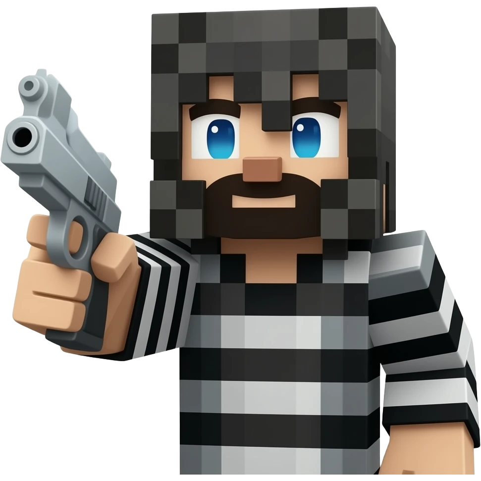 As un ladrón apuntando a ala camara Con una pistola y sea un personaje de minecraft emoji