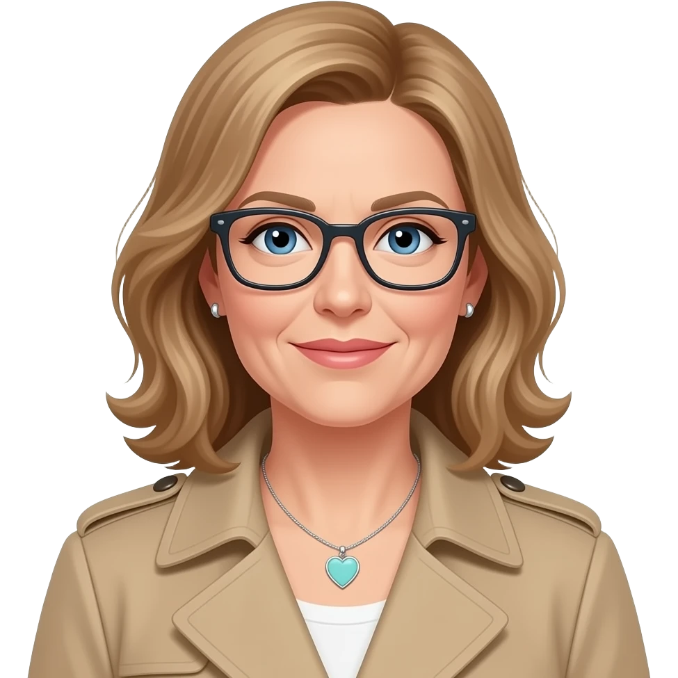 AJM - woman, blue eyes, mid 40's age, earrings, light brown hair, rectangular glasses, shoulder length wavy hair, small tiffany heart necklace, ted baker coat emoji